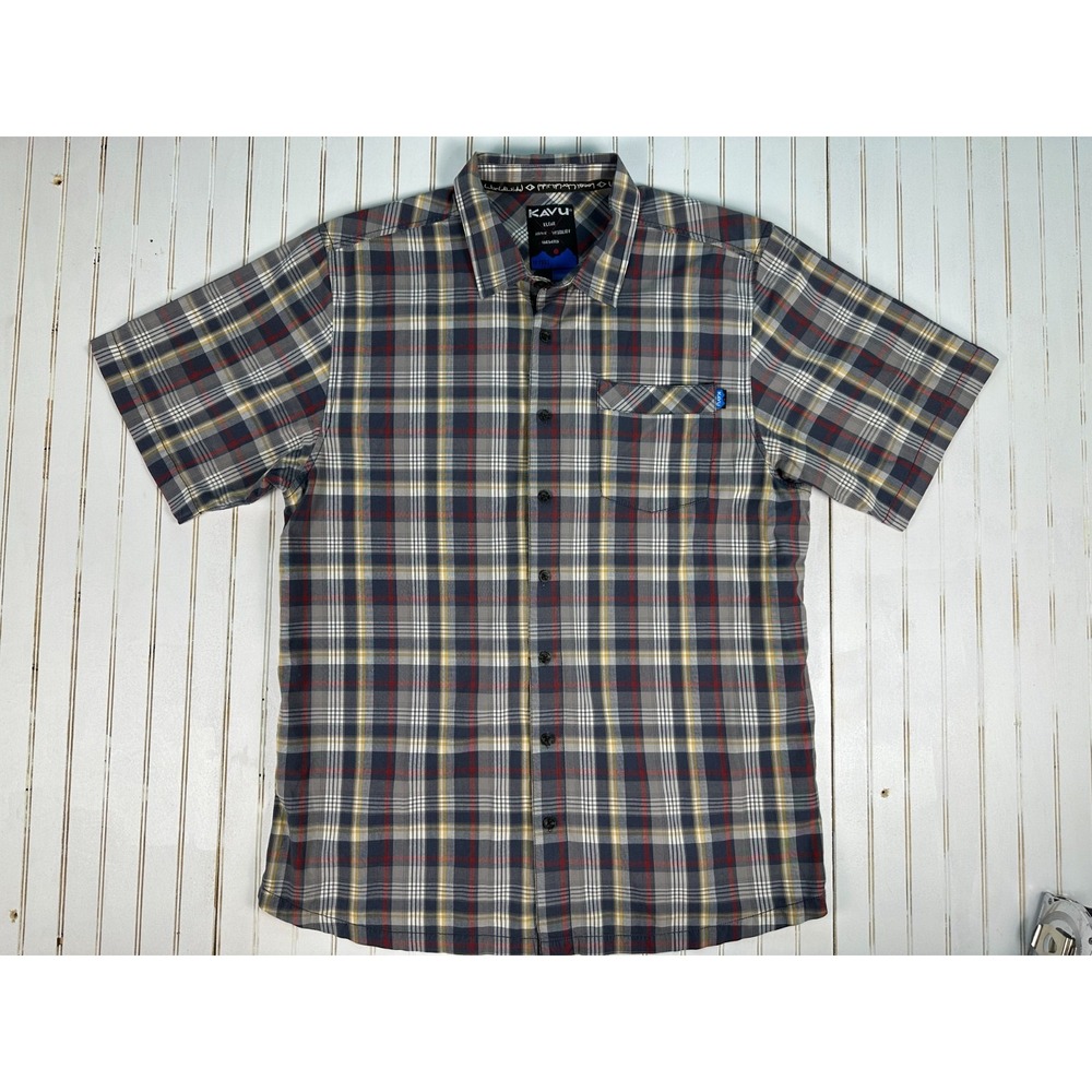 KAVU Shirt Mens Large Plaid Button Down Outdoor Casual Cotton Hiking